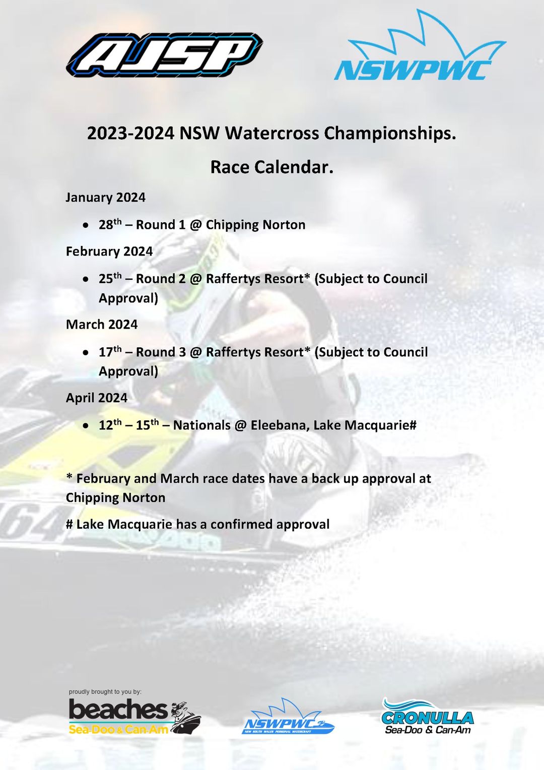 Club Race Calendar 2024 NSW Personal Watercraft Club